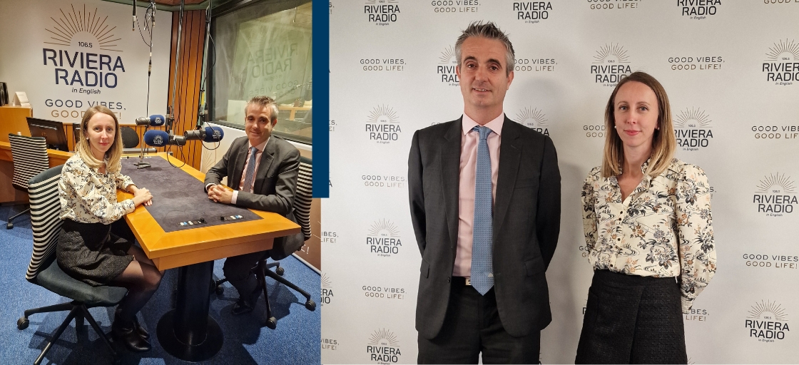 Entretien sur Riviera Radio entre Nicola Waite (Jutheau Husson) et Justin Highman (MEB) sur l’assurance haut de gamme et la relation client personnalisée.